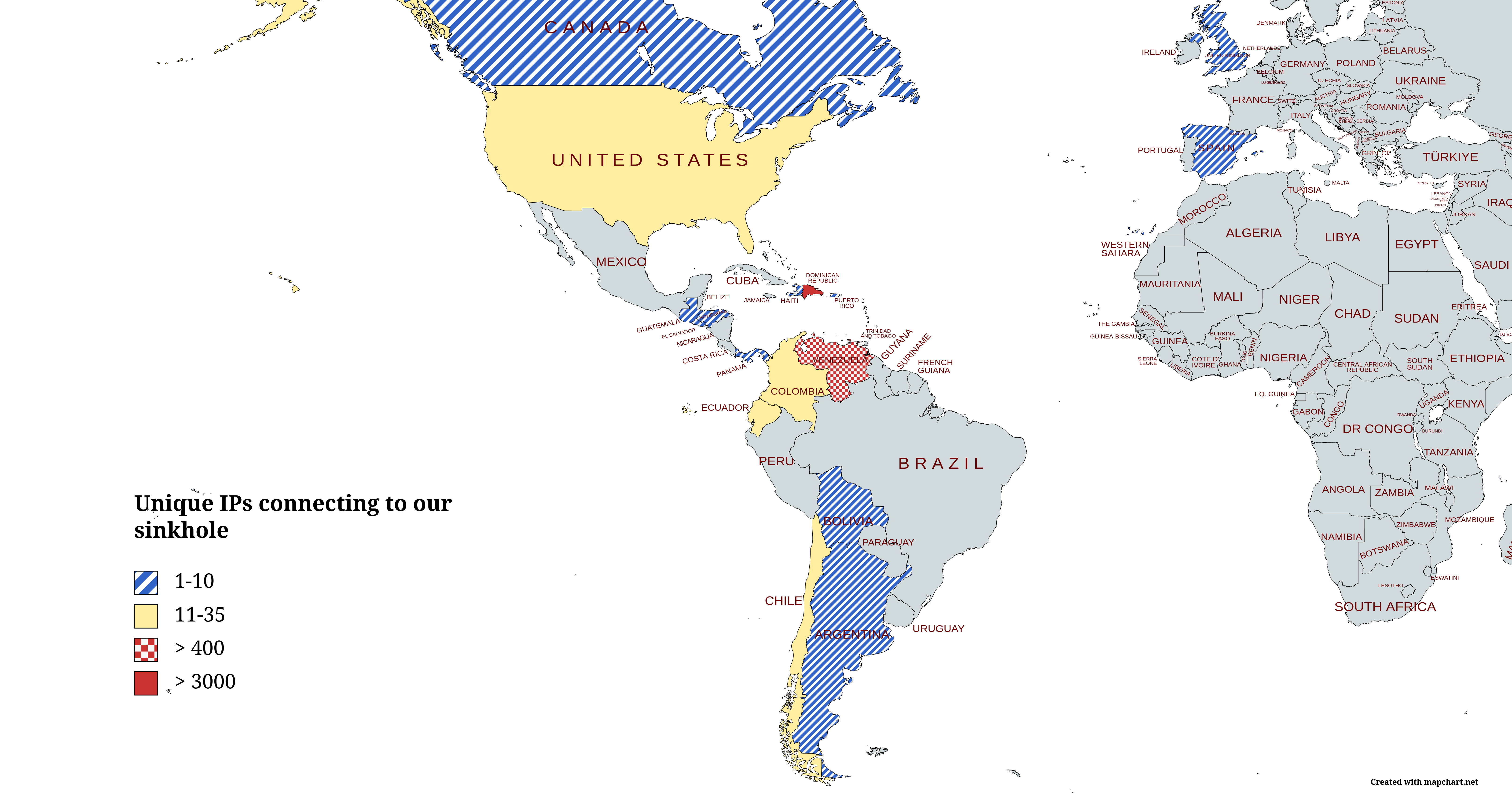 A world map color coded by the number of infections in each country. The highest number of infections is found in the Dominican Republic, followed by Venezuela, and a number of other Central and South American countires, the US, Canada, and UK also saw infections.