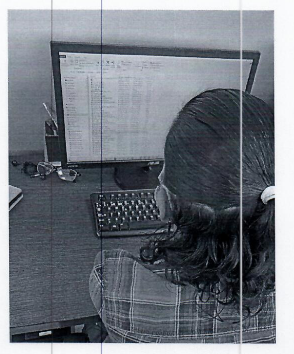 A badly photocopied image of a person looking at a computer