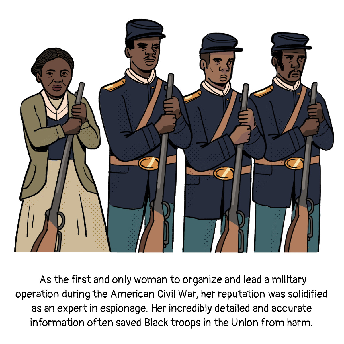 Harriet Tubman stoically holds a rifle, alongside three Black men in Union soldier clothes standing in the same position.