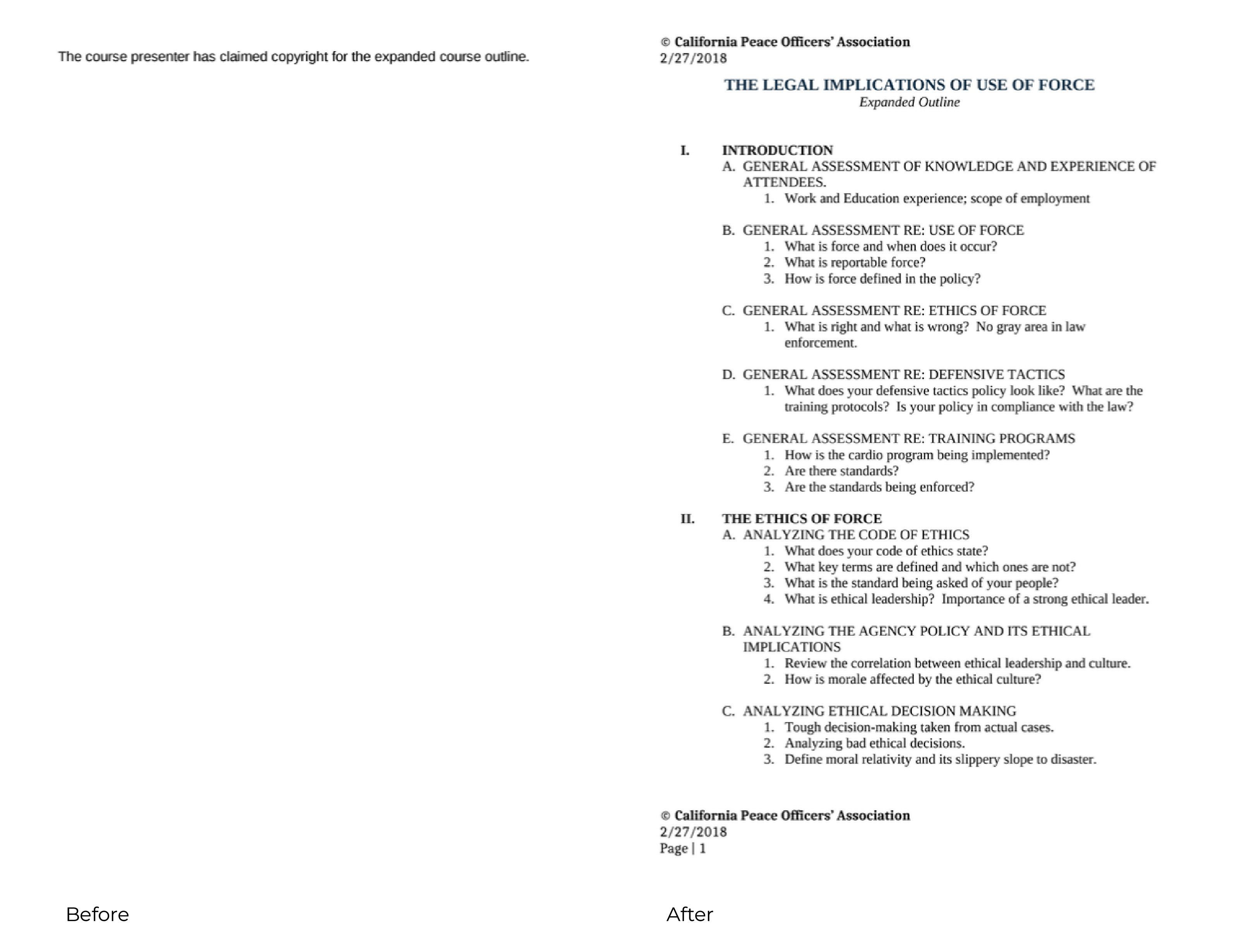 On the left, a redacted outline, on the right the unredacted outline