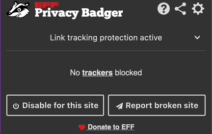 Privacy Badger’s extension popup window showing that link tracking protection is active for the currently visited site.