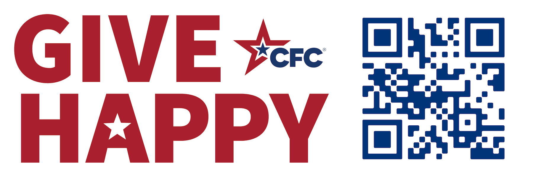 CFC logo with "GIVE HAPPY" text and QR code to GiveCFC.org