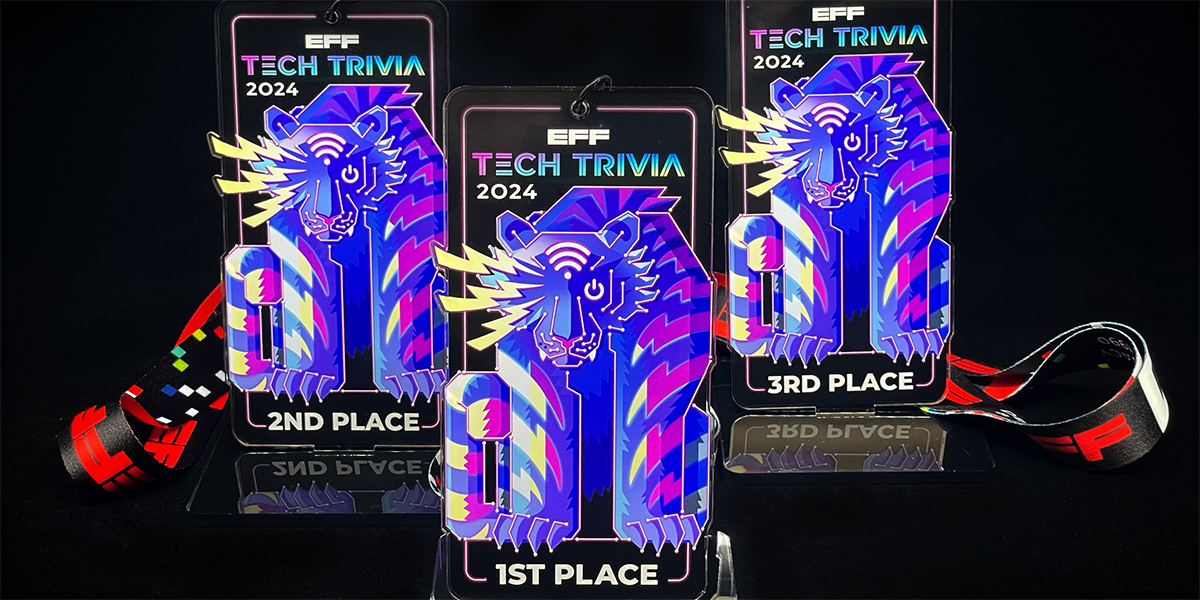 EFF's Tech Trivia Awards! An acrylic award with an image of a blue/pink tiger.