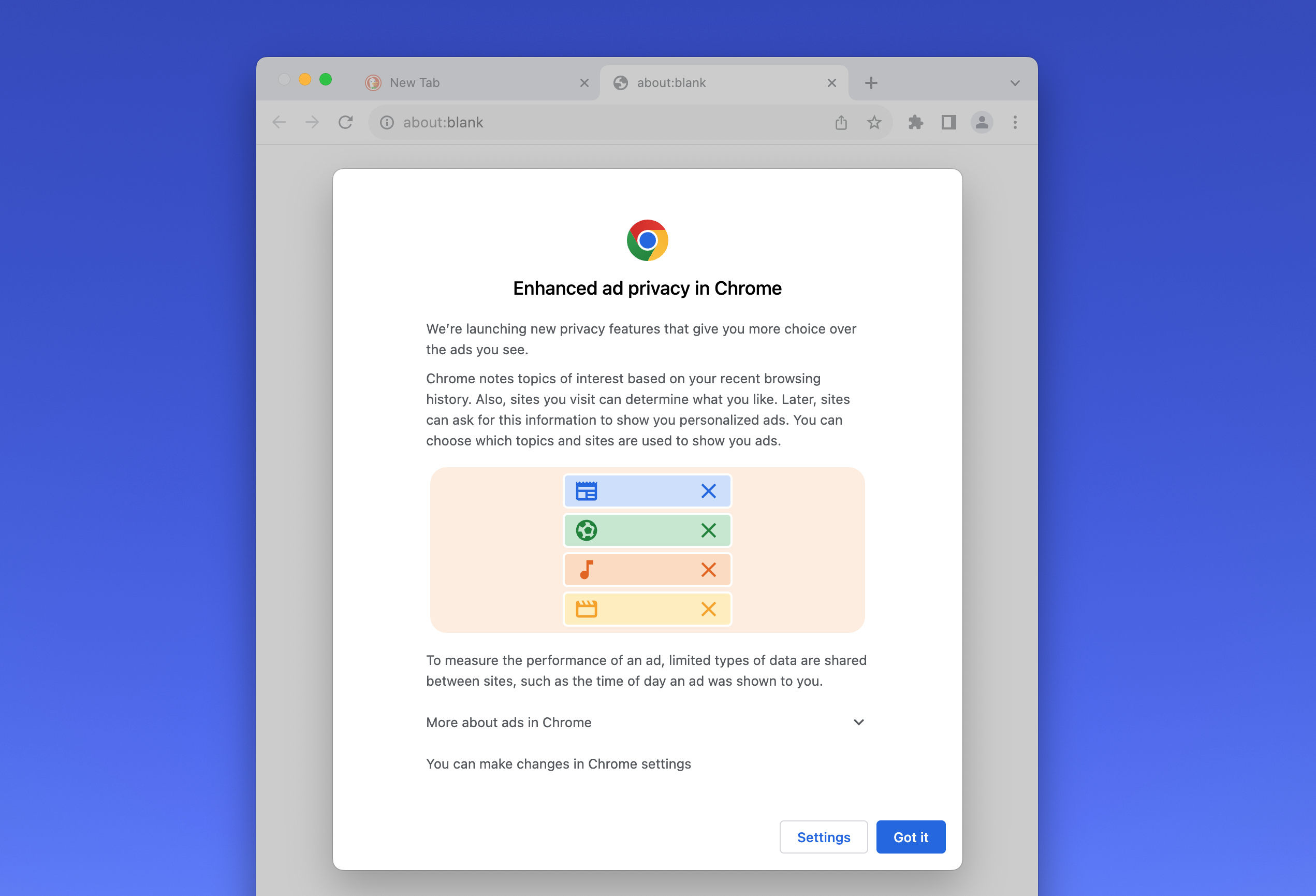 Screenshot of Chrome browser with "Enhanced ad privacy in Chrome"