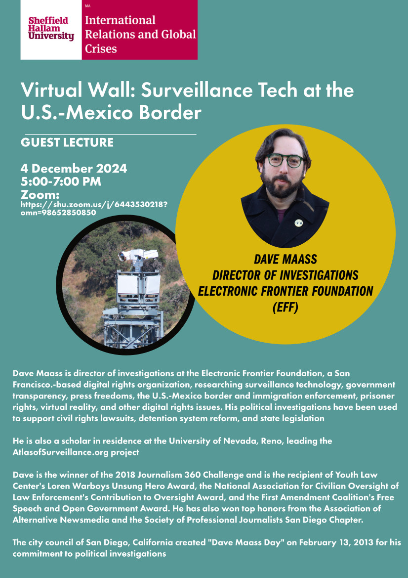 A flyer for the event featuring Dave Maass, with his picture and a photo of a surveillance tower.