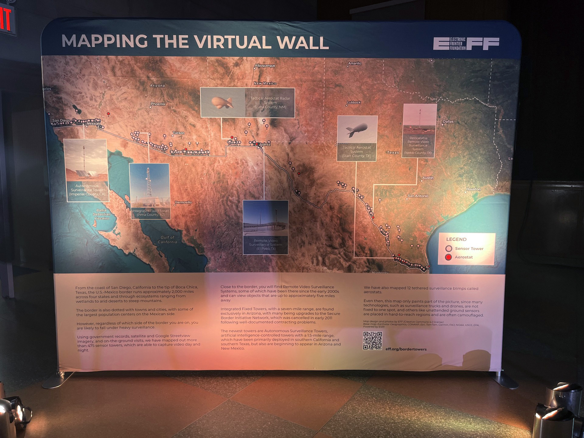 A map of the US-Mexico border, with dots representing surveillance towers.