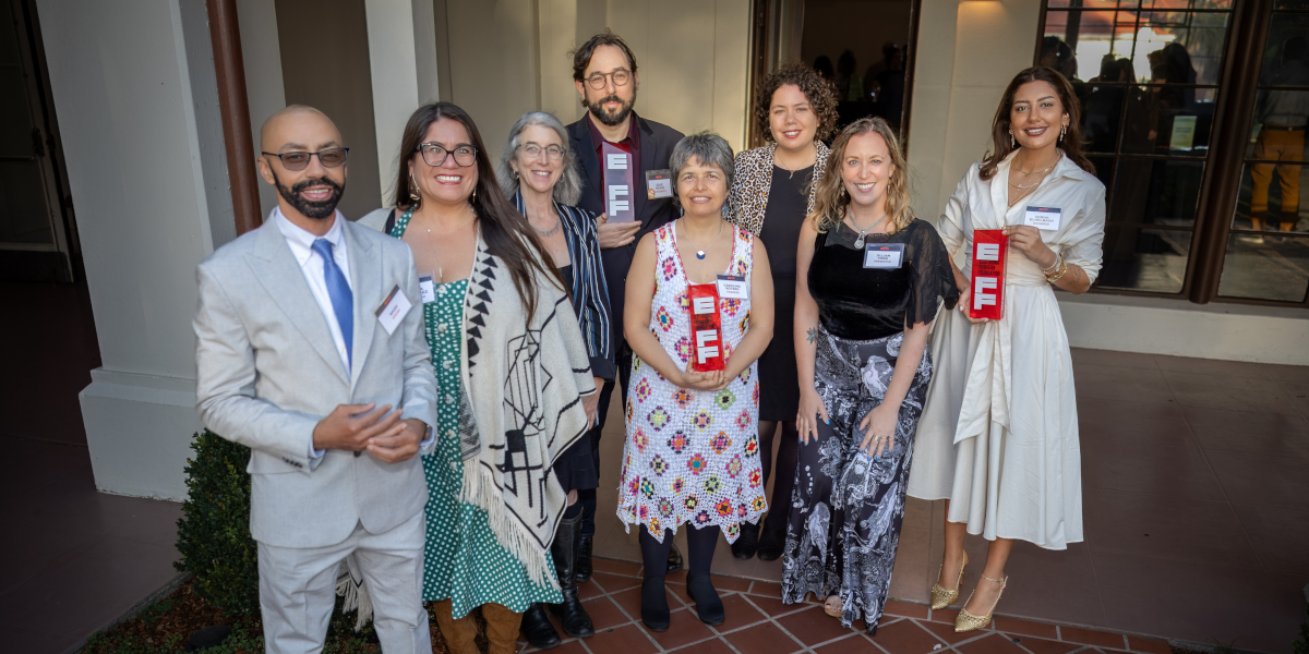 EFF staff and EFF Award Winners holding their trophies