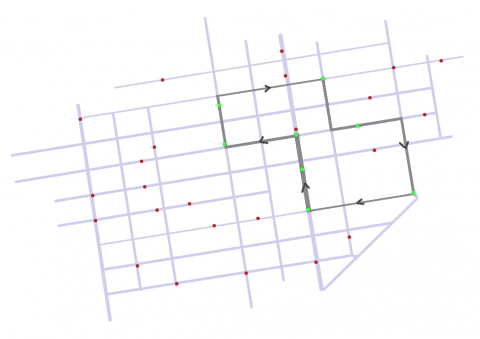 The same plain street map, this time with a line connecting some of the different red Bluetooth ping dots into one person's daily route.